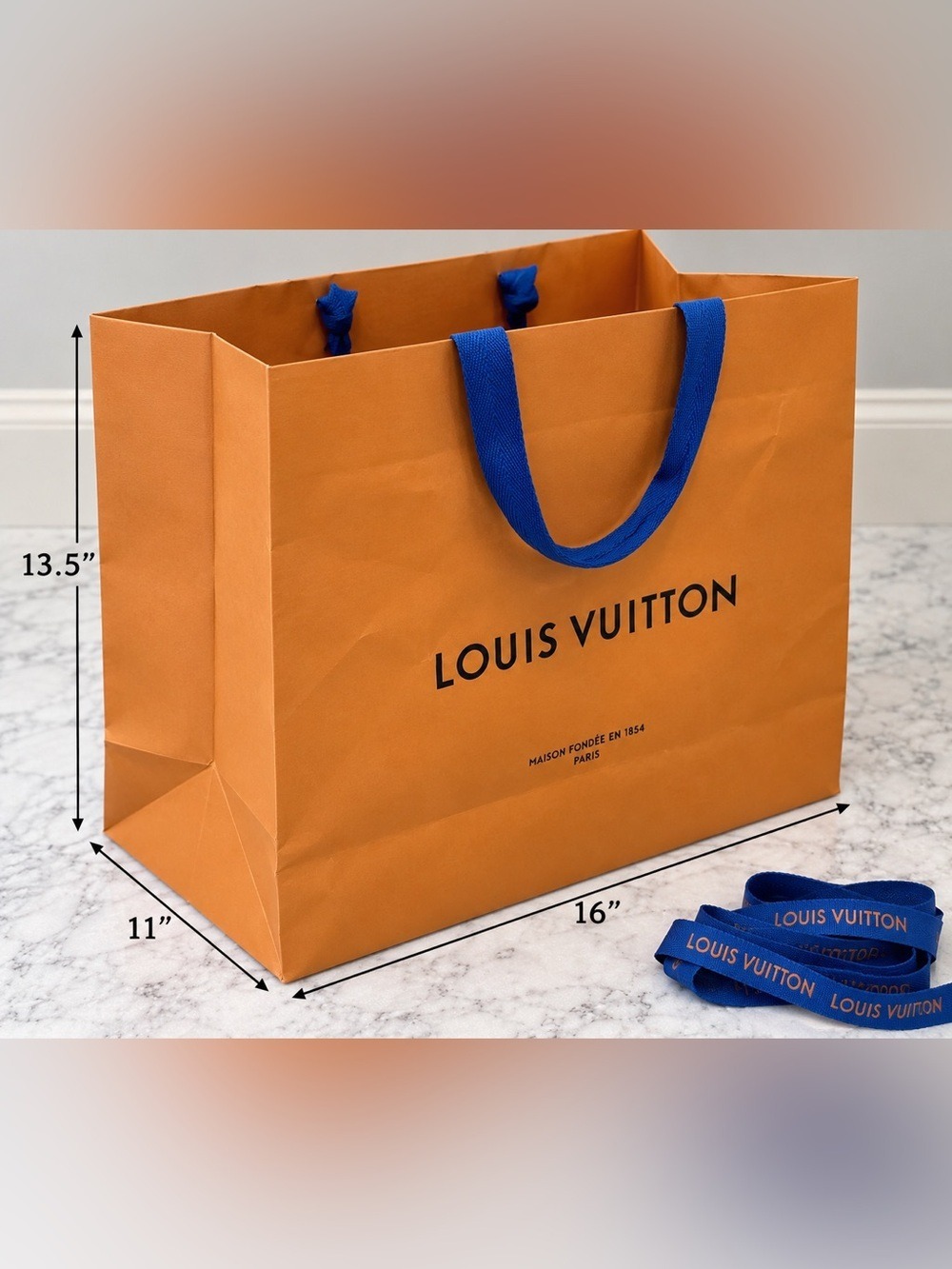 Louis Vuitton Large Orange Shopping Bag Blue Ribbon 16” x 13.5” x 11” - Picture 6 of 6